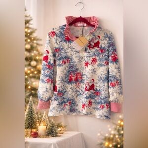 Cherrybetty Santa Toile Christmas Blouse Ruffle Collar Red Blue NWT Size S